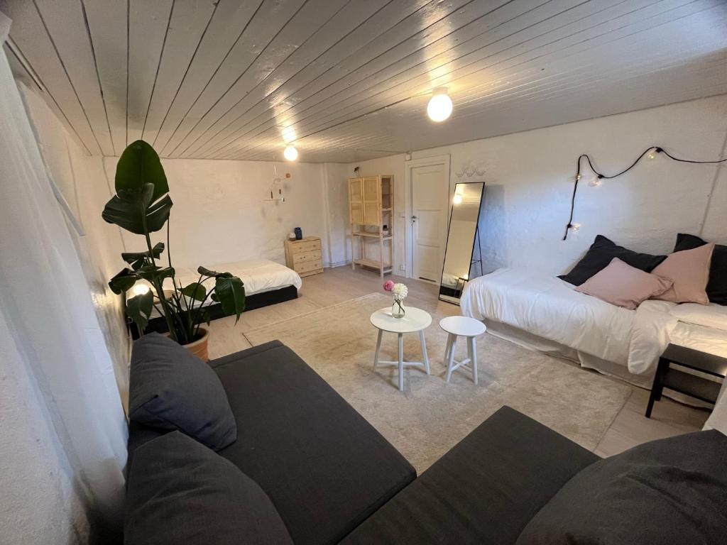 ein Wohnzimmer mit einem Sofa, einem Bett und einem Tisch in der Unterkunft Central living with many beds and private garden! in Göteborg