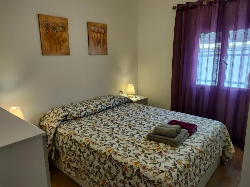 コニル・デ・ラ・フロンテーラにあるPuertacaiの紫色のカーテンが備わるベッドルームのベッド1台