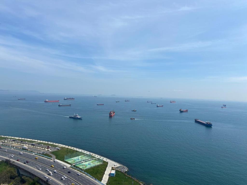 une vue aérienne sur une grande étendue d'eau avec des bateaux dans l'établissement Kaplan Suites 157, à Istanbul