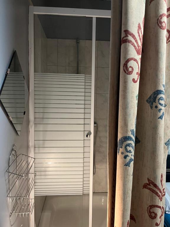 a shower stall with a shower curtain in a bathroom at Hipokratios 3 Zimmer mit Gemeinschaft WC in Fürth