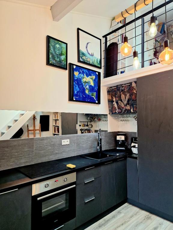 a kitchen with black cabinets and a stove top oven at Studio mezzanine entier à 5min de la plage et de St tropez in Cogolin