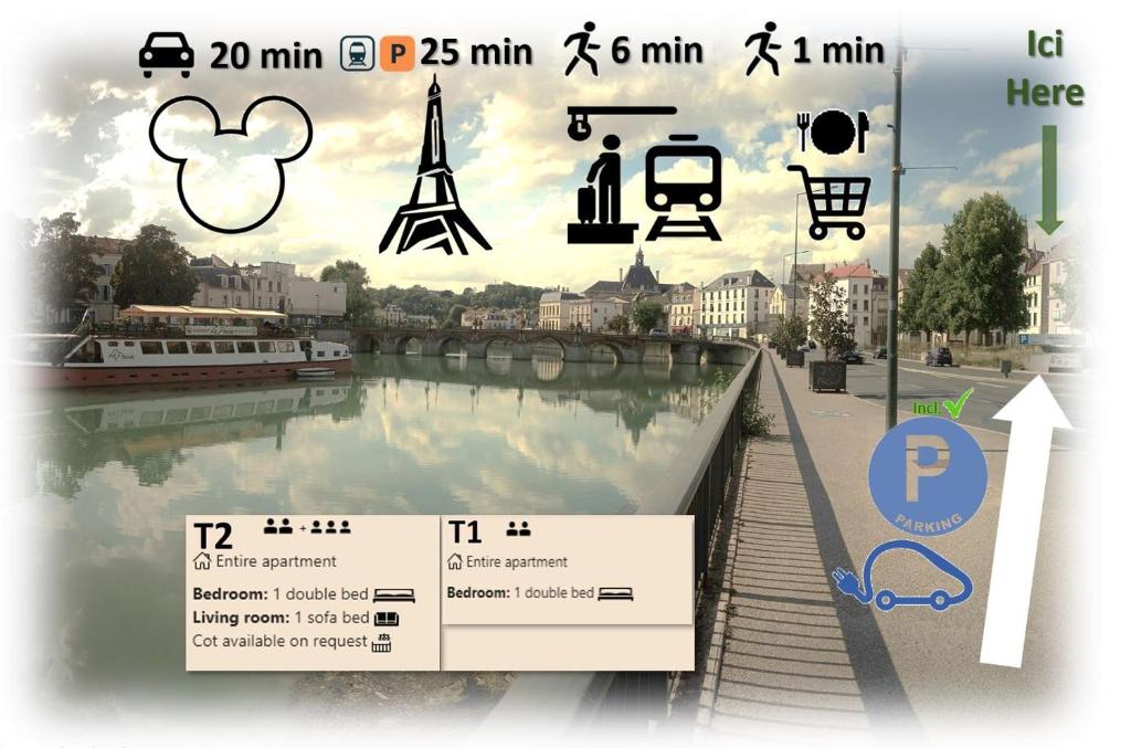 ein Poster mit einem Bild eines Flusses und Sehenswürdigkeiten in der Unterkunft Paris & Disney - LES BORDS DE MARNE in Meaux