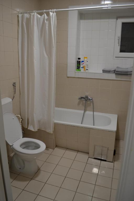 a bathroom with a toilet and a tub and a sink at Lazarus Apartment in Skopje