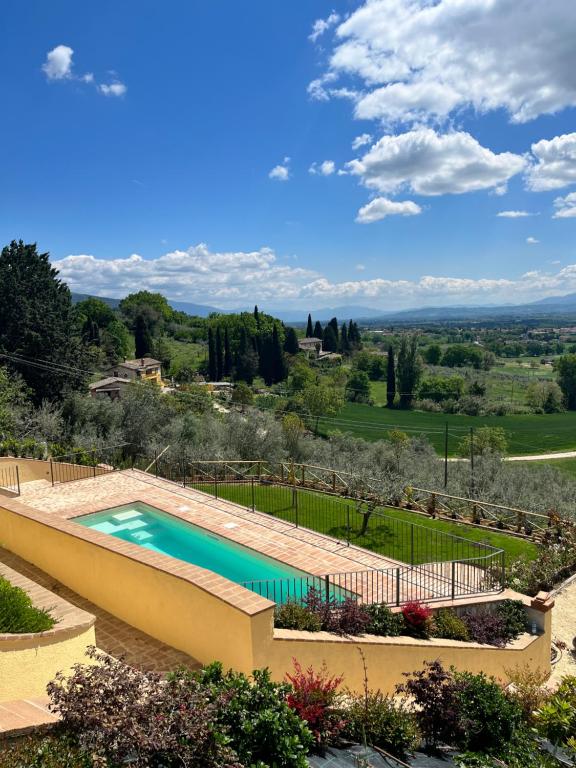 a swimming pool in a landscaped yard with a view at B&B Cantico Delle Creature in Assisi