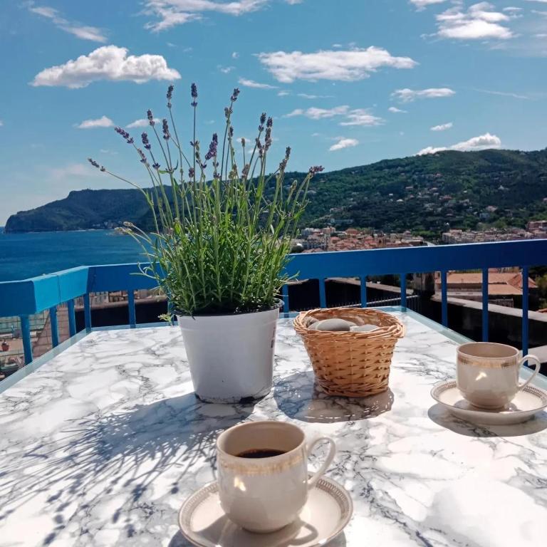 a table with two cups of coffee and a plant at Casa del sole in Spotorno