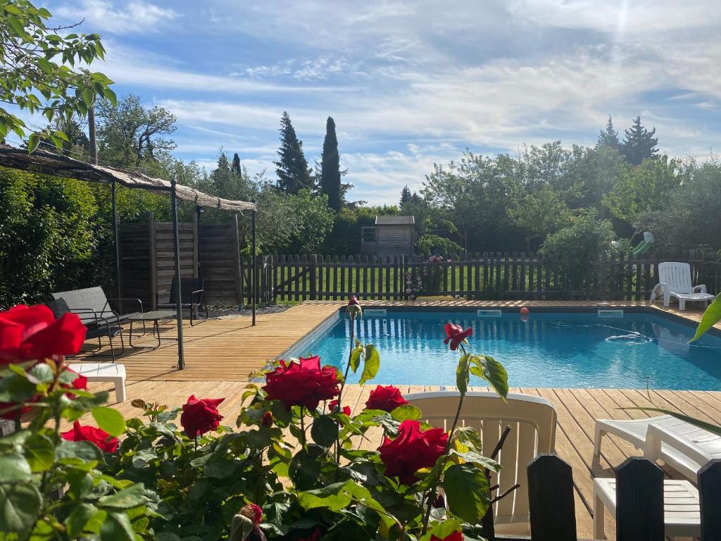 a swimming pool with red roses in a yard at Fanchon des Sablons in Sarrians