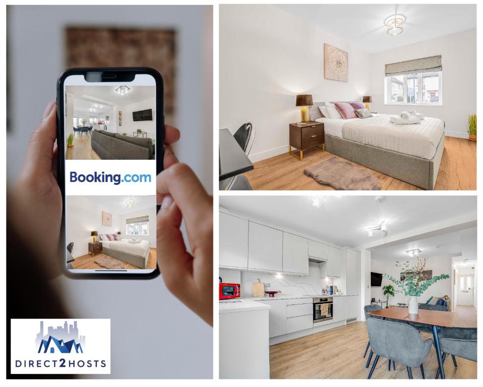a person taking a picture of a bedroom and a living room at Stylish Two Bedroom Apartments by Direct2hosts Short Lets West London Oasis With Workspace & Long Stays in London