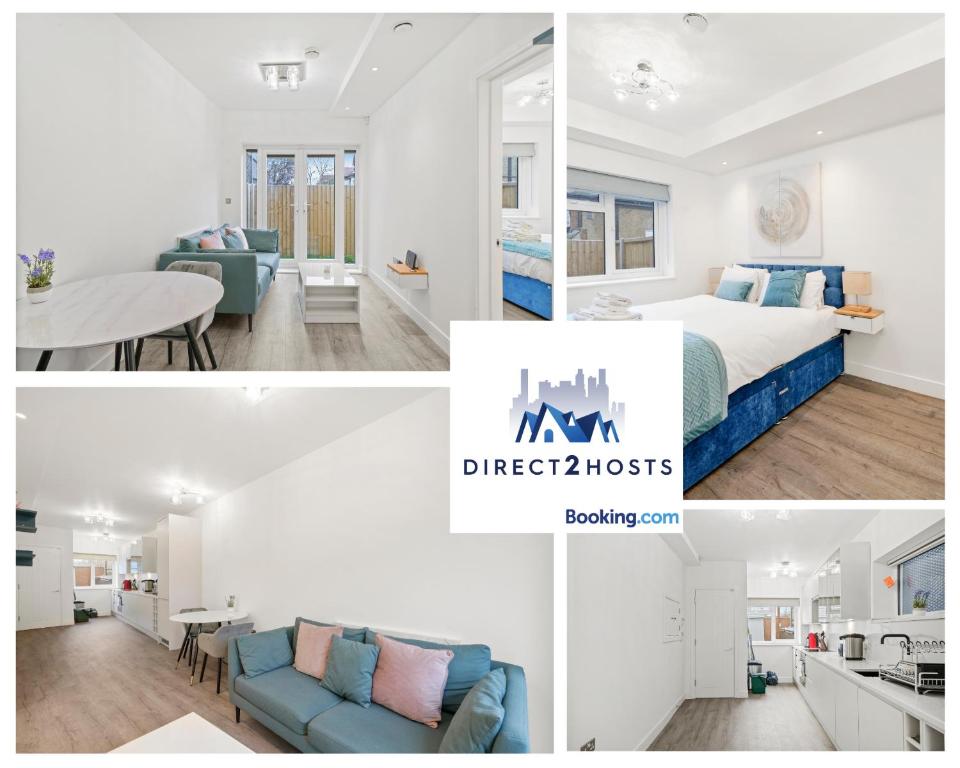 un collage de fotos de un dormitorio y una sala de estar en Bright and Stylish One Bedroom Flat by Direct2hosts Short Lets with great location! en Londres