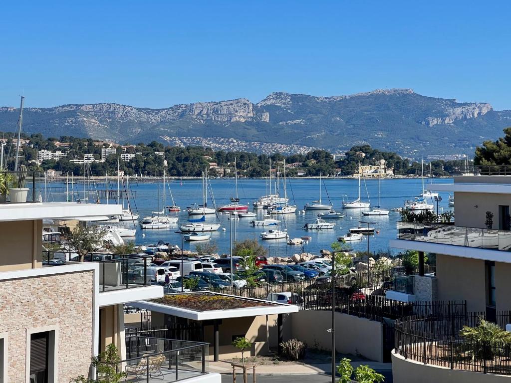 widok na marinę z łodziami na wodzie w obiekcie L'apart'83 - T2 classé 5 étoiles - Belle vue sur la baie du Lazaret w mieście Saint-Elme