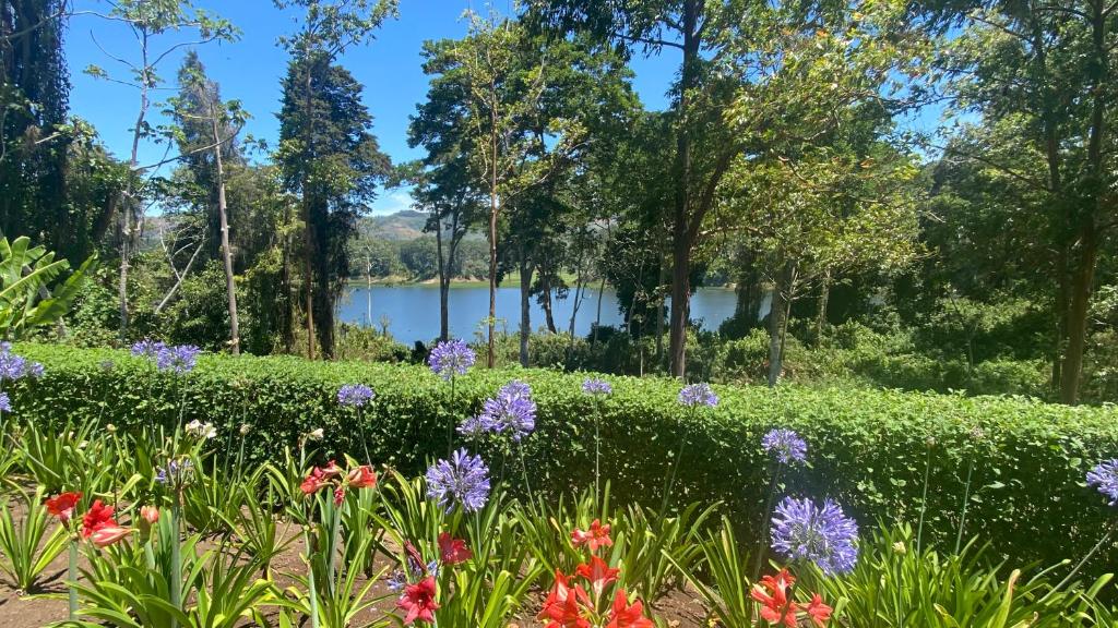 a garden with flowers and a lake in the background at CASA DEL LAGO in Cachí