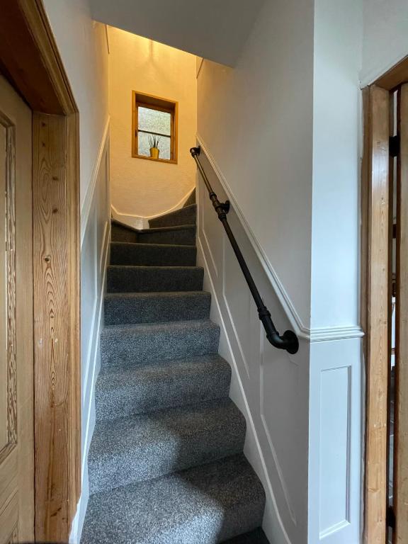 a staircase in a house with blue carpet and a window at The Railway Cottage Bridgnorth in Bridgnorth