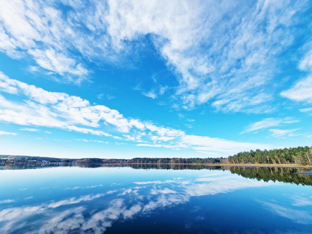 a view of a lake with a cloudy sky at Bungalow direkt am See, mit eigenem Boot in Roding
