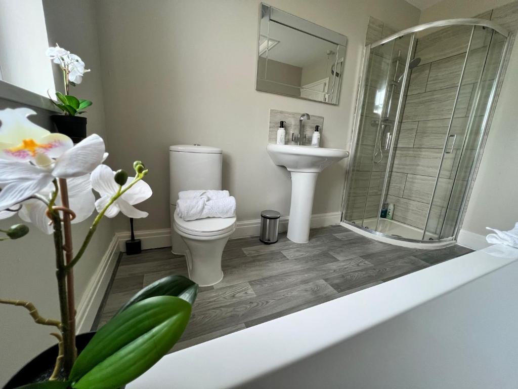 a bathroom with a toilet and a shower and a sink at Kim Family Holiday Get-Away 4 Bedrooms 2 Baths in Blackpool
