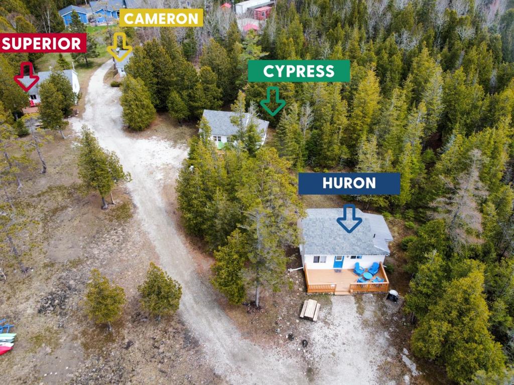 an aerial view of a house in a forest at Neptunes Hideaway in Tobermory