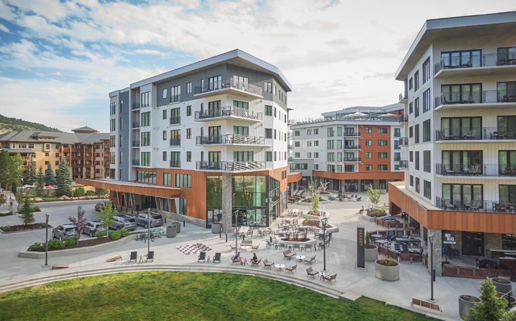 an aerial view of a city with buildings at Pendry Park City in Park City