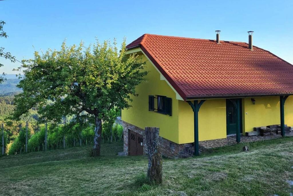 uma casa amarela com um telhado vermelho ao lado de uma árvore em Vikend hiša Vrhe em Senovo