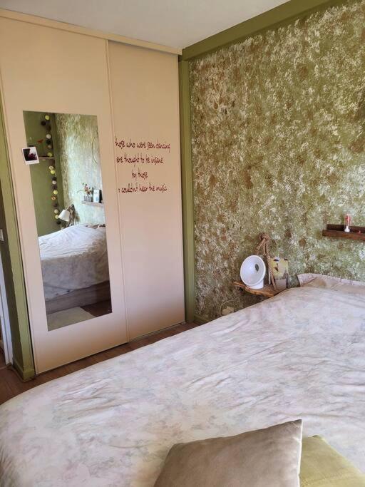 a bedroom with a large bed and a mirror at Une invitation à la détente in Nice