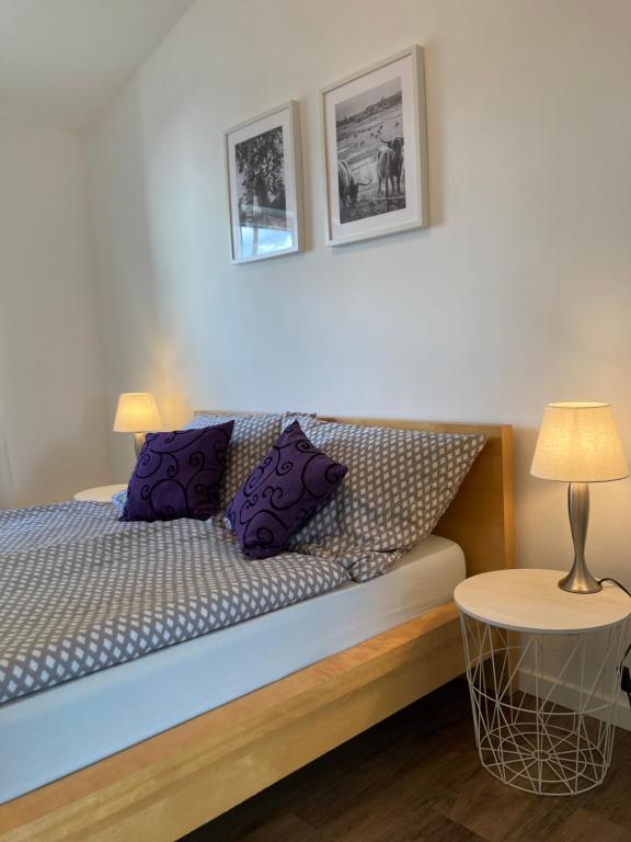ein Schlafzimmer mit einem Bett mit zwei Lampen und einem Tisch in der Unterkunft Ferienwohnung Heeser Birkenhof - Urlaub auf dem Bauernhof mit Blick ins Grüne in Weeze
