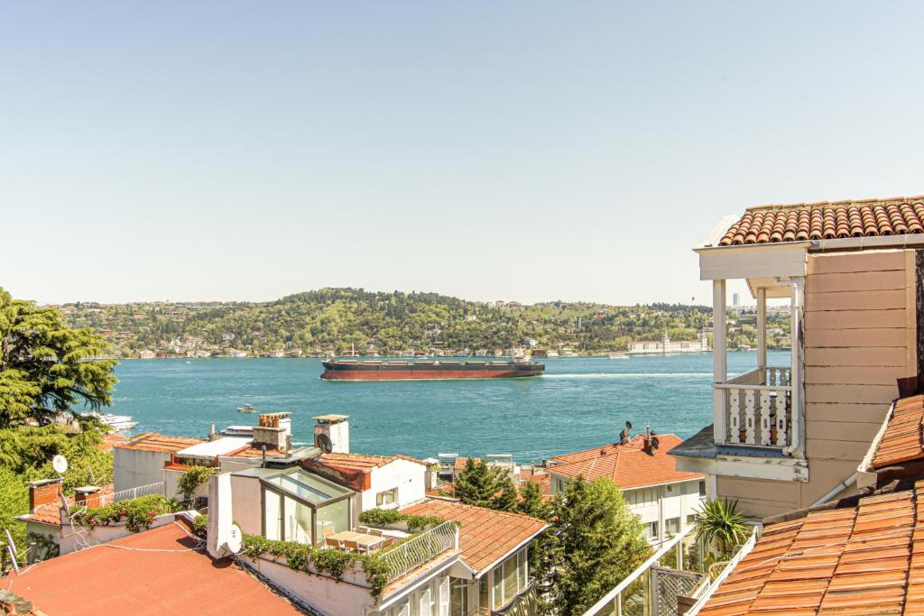 a large boat in the water behind some buildings at Bosphorus View Flat With Terrace in Arnavutkoy in Istanbul