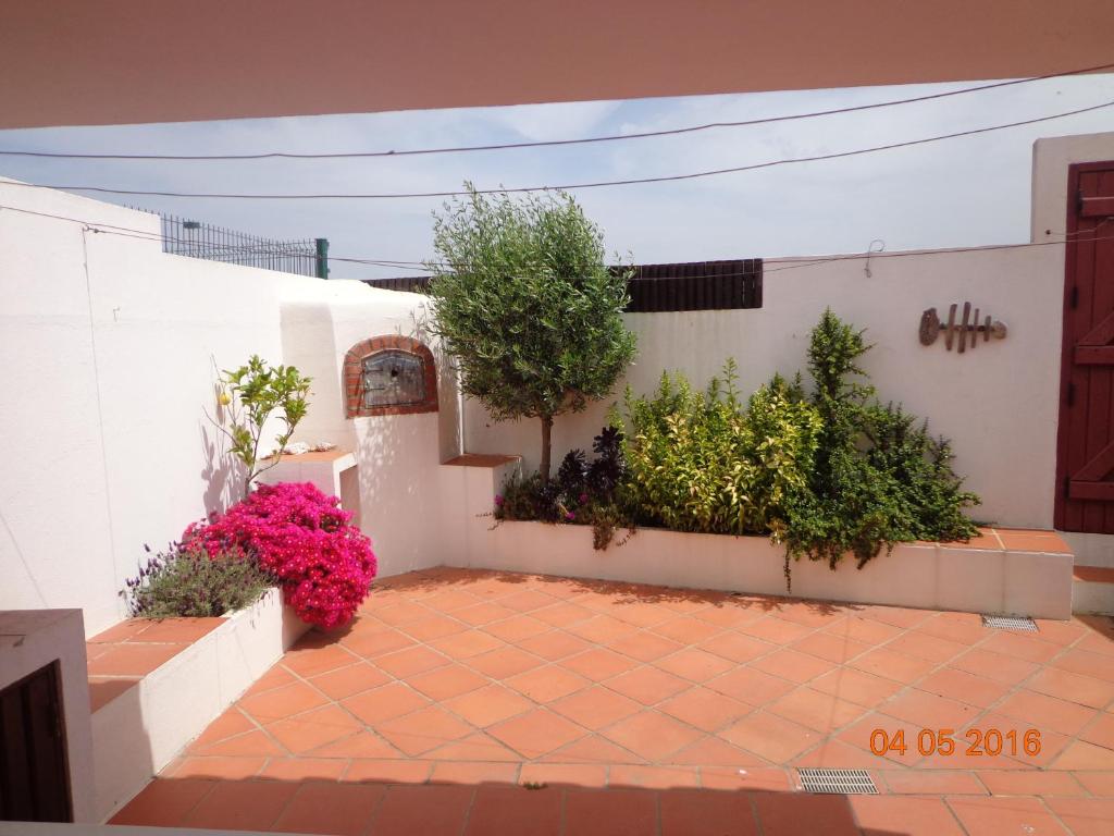a courtyard with flowers and plants on a white wall at Vivenda com jardim no campo a 350 do Mar in Vila Nova de Milfontes