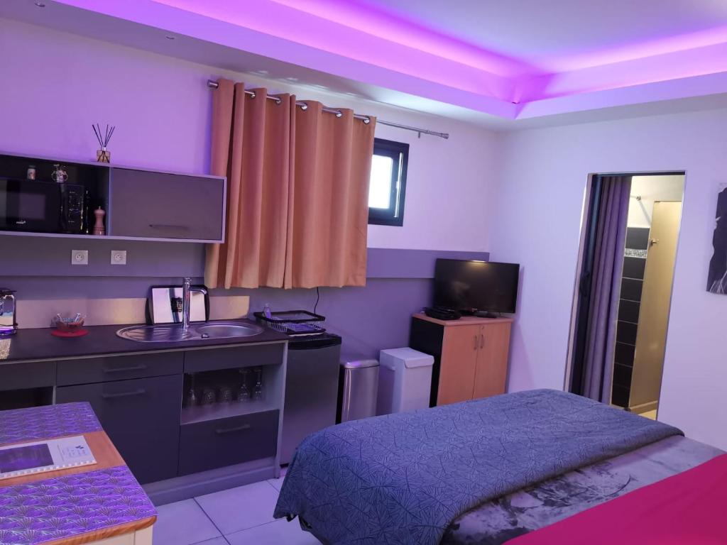 Cet appartement comprend une chambre avec un lit et une cuisine dotée d'un éclairage violet. dans l'établissement Hostal 170 Room 14 Service Appartement, à Le Tampon