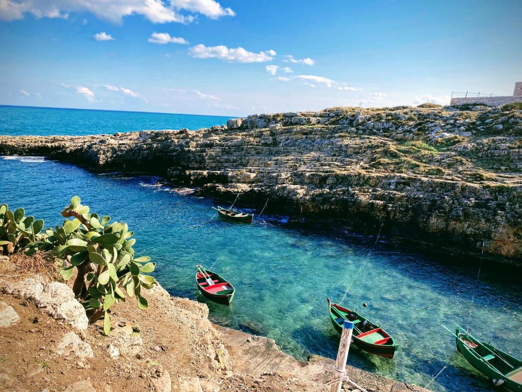 un grupo de barcos en el agua al lado de un acantilado en Alba b&b, en Polignano a Mare