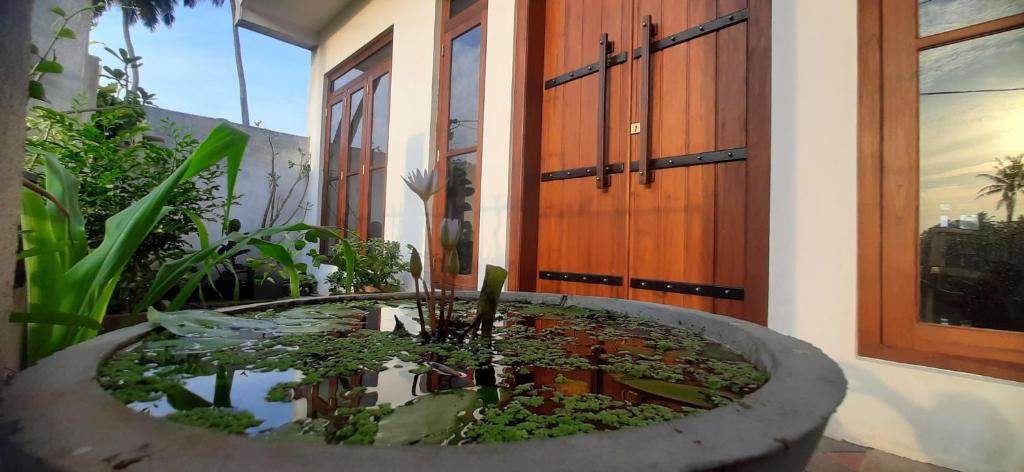 a pond with plants in front of a building at Anuradhapura Kingdom View Resort in Anuradhapura