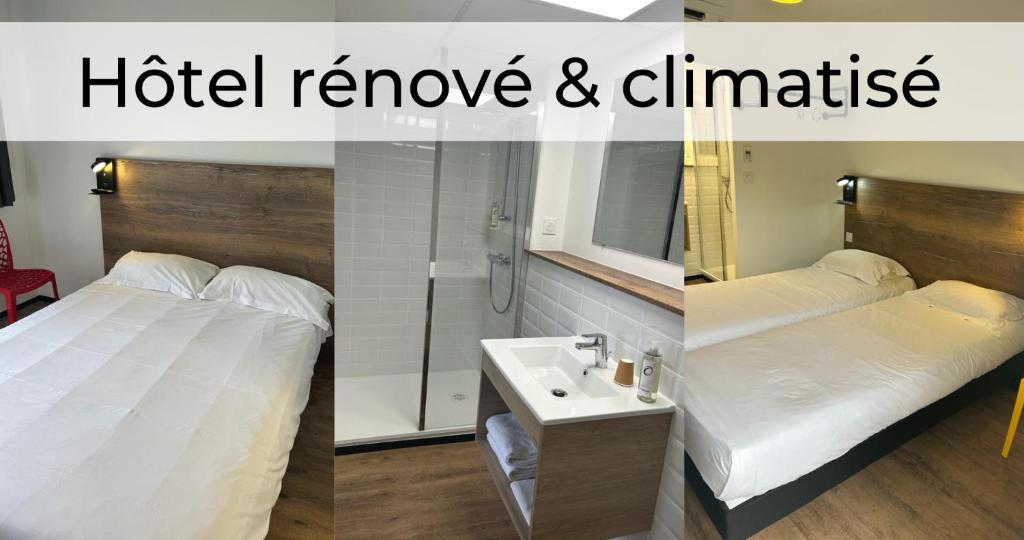 2 Bilder eines Hotelzimmers mit einem Bett und einem Waschbecken in der Unterkunft The Originals Access, Hôtel Tulle (P'tit Dej-Hotel) in Tulle