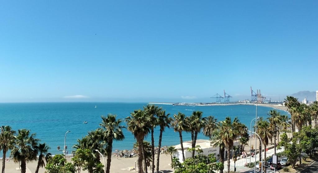 a view of a beach with palm trees and the ocean at Panoramic views to the sea in Malaga in Málaga