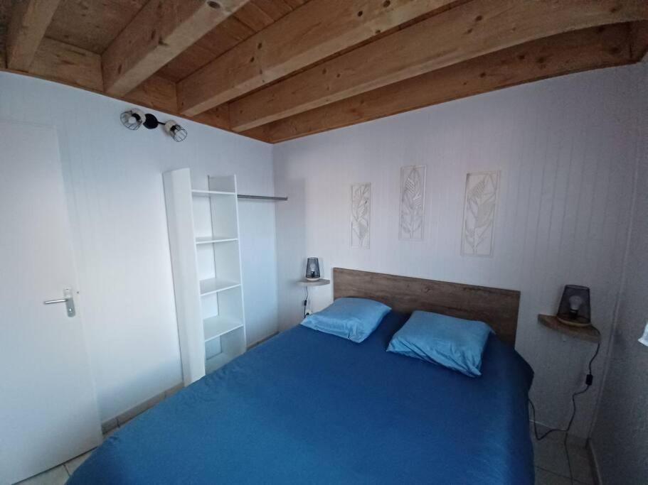 1 dormitorio con cama azul y techo de madera en La Maison Bleu du Lac, en Giffaumont-Champaubert