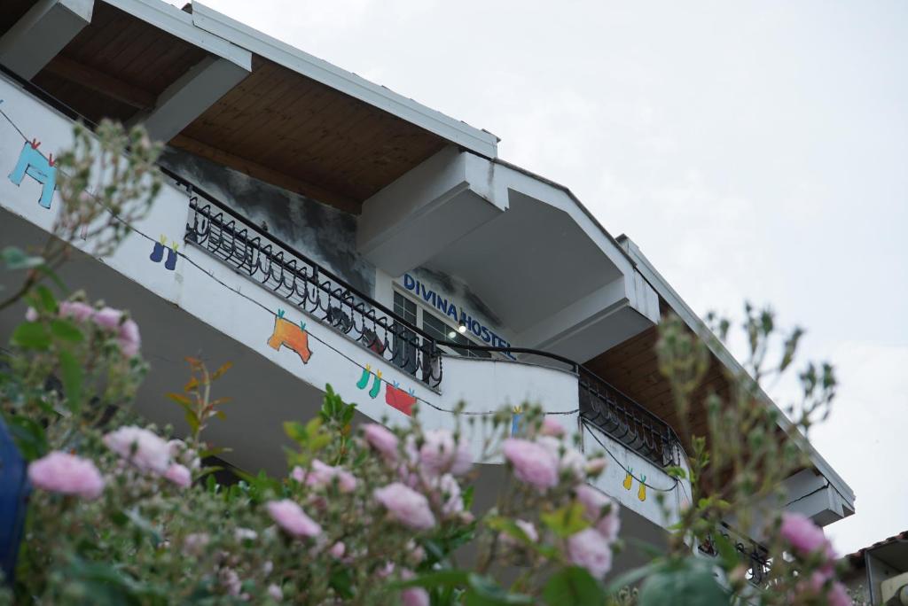 a baseball stadium with pink flowers in front of it at Divina Hostel in Tirana