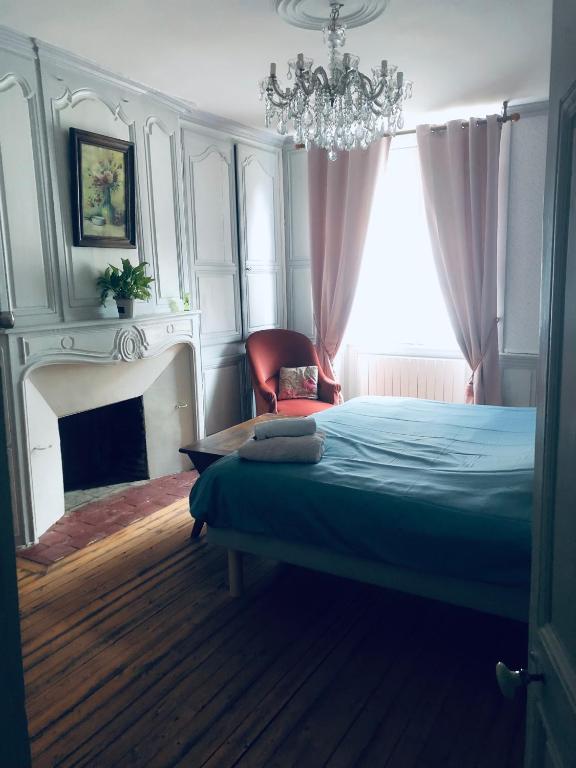 une chambre avec un lit et un lustre dans l'établissement les chambres fleuries, à Saint-Benoît-du-Sault