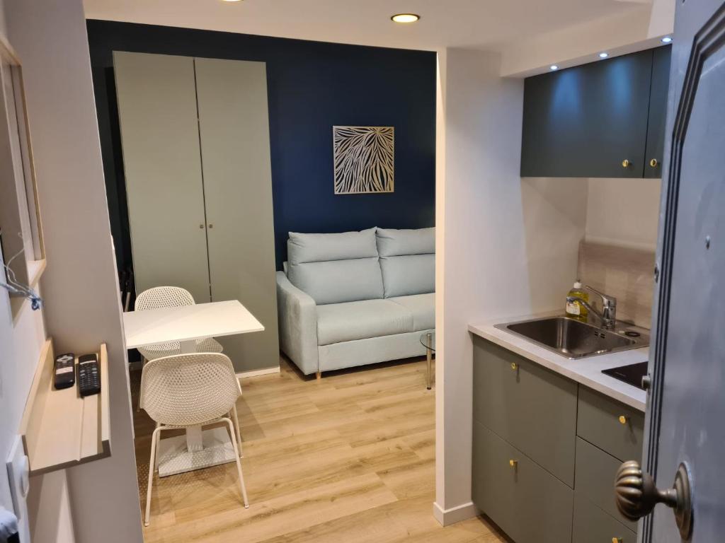 kuchnia i salon z kanapą w obiekcie Studio 700 m du Palais et Croisette - Le St Jean w Cannes