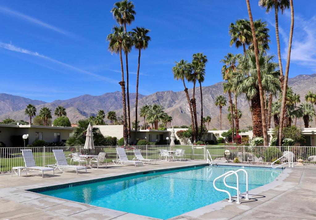 una piscina con sillas, palmeras y montañas en Coco Cabana Hideaway Permit# 1974, en Palm Springs