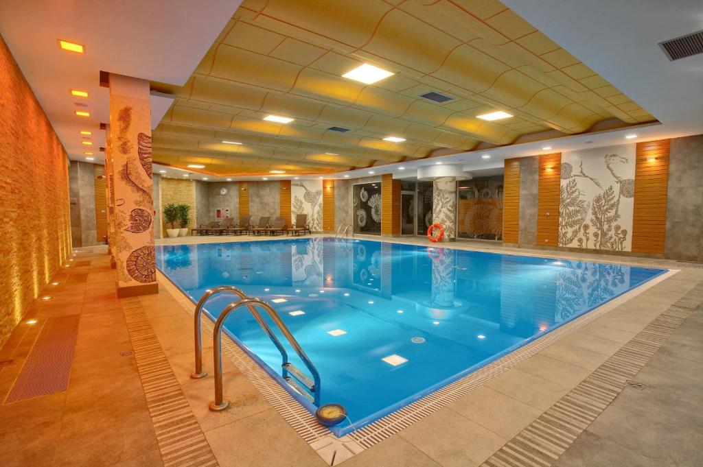 a large swimming pool in a hotel room at Perła Bieszczadów - Domki in Czarna