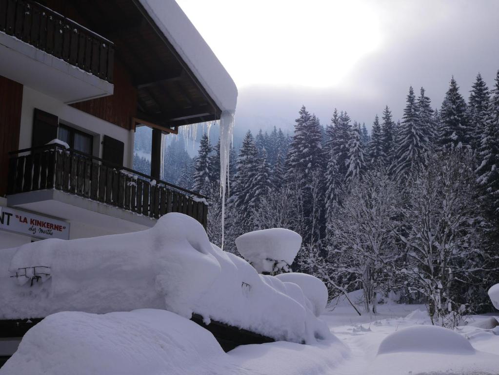 a house covered in snow in front of trees at Hôtel la Kinkerne in Morzine
