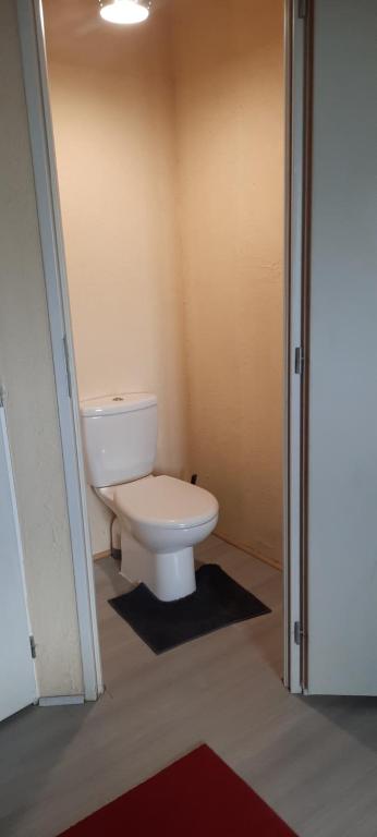 W pokoju znajduje się łazienka z białą toaletą. w obiekcie Ravissant T2, Cl 3 étoiles, 3 pers et 1 enf , 3 lits, parking et patio w mieście Saint-Sever