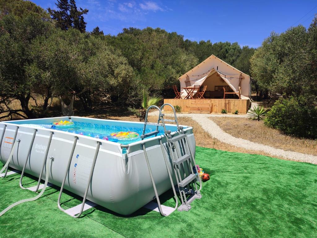 a pool in a yard with a tent in the background at Tranquilo Glamping in Hozanejos