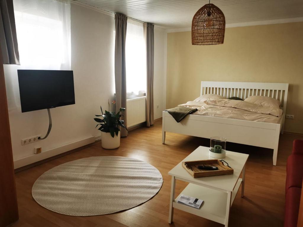 um quarto com uma cama, uma televisão e uma mesa em Ferienwohnung Landblick 