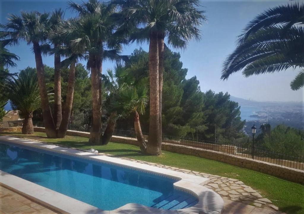 a swimming pool with palm trees and the ocean at Villa Alemania in Altea