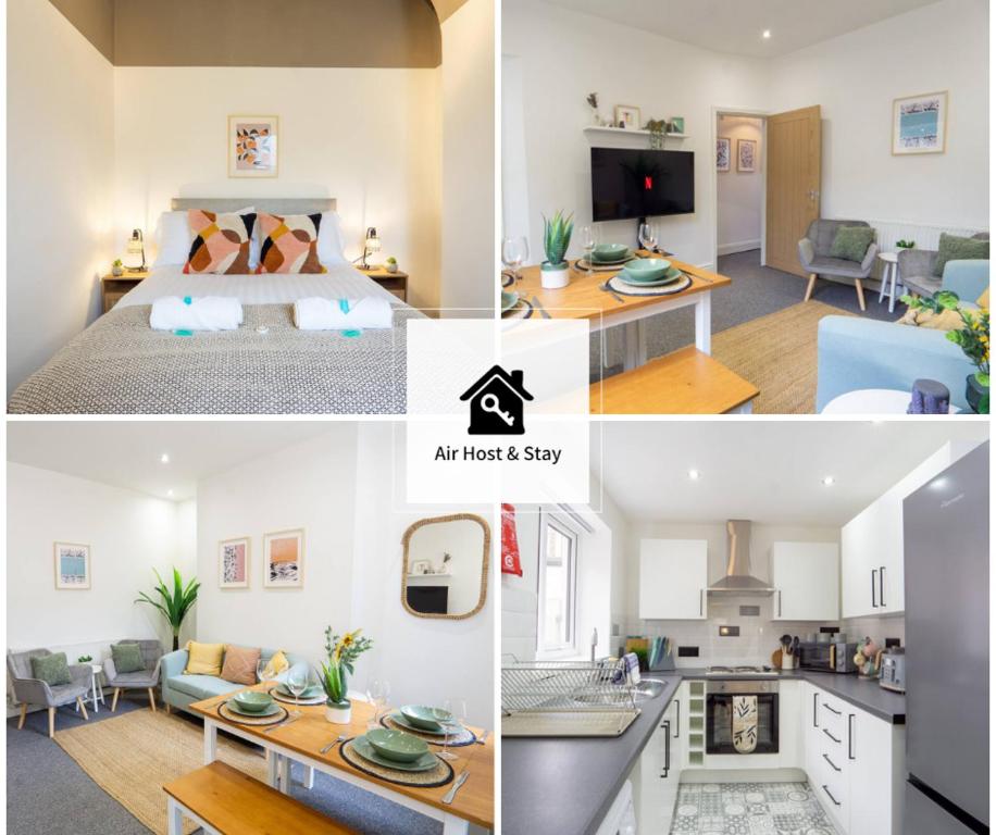 uma colagem de fotos de um quarto e uma sala de estar em Air Host and Stay - Cedar House - sleeps 7, parking, 8 mins to city em Liverpool