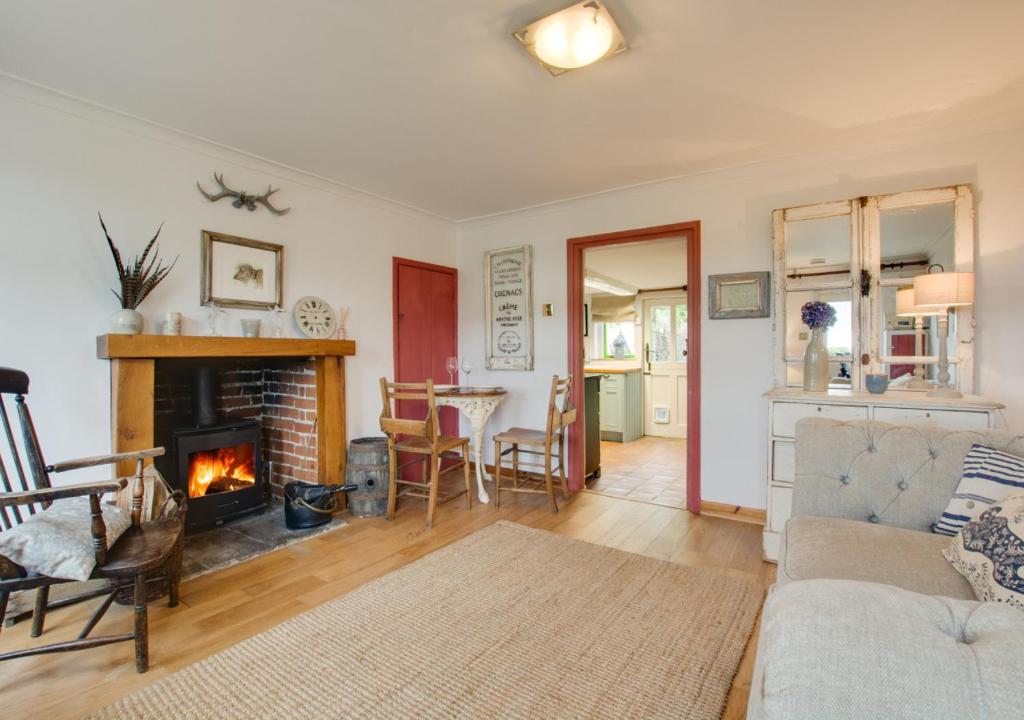 a living room with a couch and a fireplace at Sky Cottage in Worstead