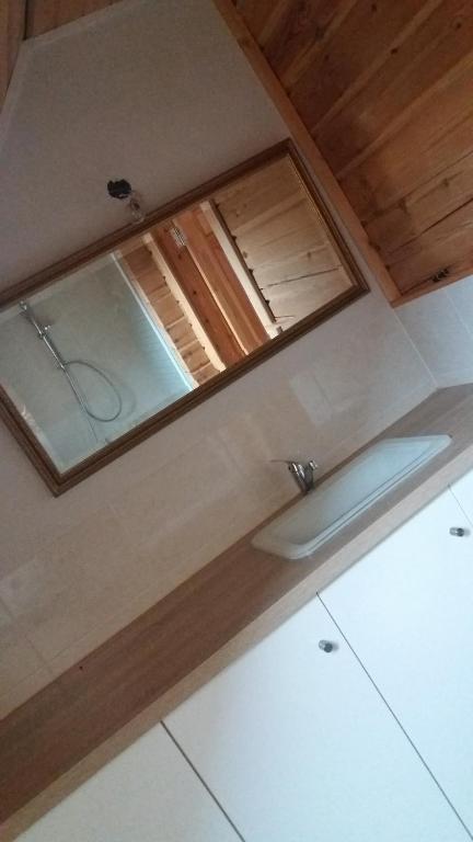 ein Bad mit einem Spiegel auf dem Zimmer in der Unterkunft Au bord du lac III in Montigny-en-Morvan