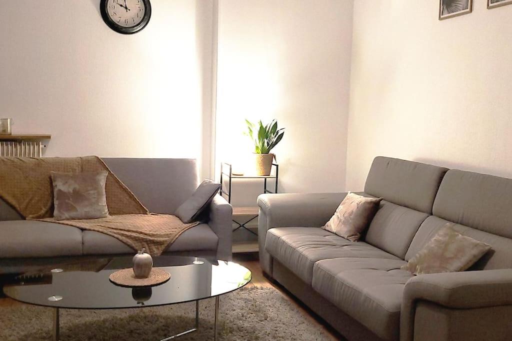 ein Wohnzimmer mit einem Sofa und einem Tisch in der Unterkunft Appartement spacieux cosy centre Epinal !!! in Épinal