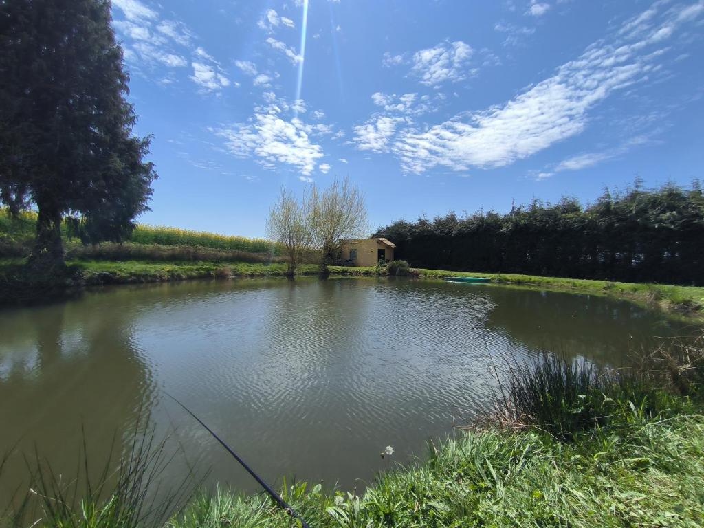 um lago com uma casa no meio dele em Maison avec étang privé em Lignieres-Orgeres