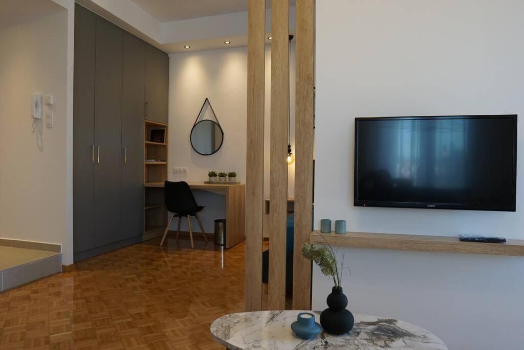 歇斯的住宿－Διαμέρισμα σε πολυκατοικία，客厅设有壁挂式平面电视。