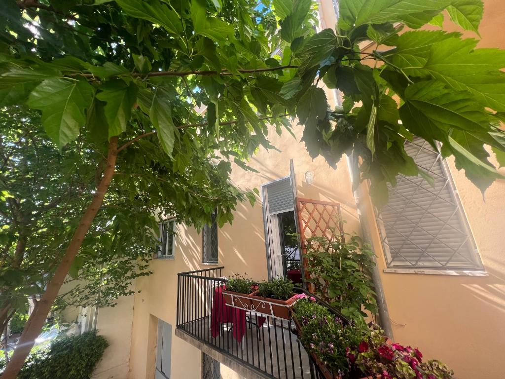 een huis met een balkon met bloemen en een boom bij Casa Roma rooms& apartmens in Padua