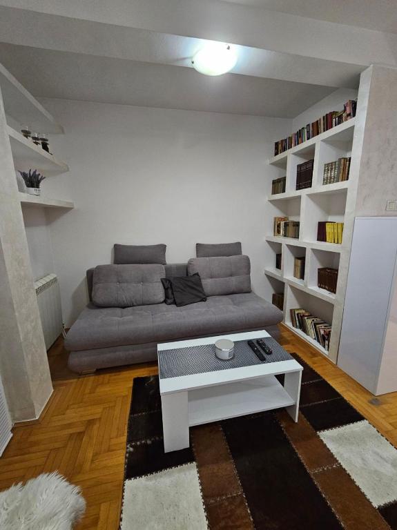 een woonkamer met een bank en een salontafel bij Duca apartmani in Šabac