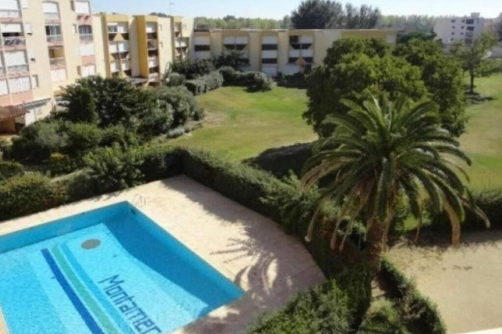 - une piscine avec un palmier à côté d'un bâtiment dans l'établissement Appartement avec piscine et garage, au Grau-du-Roi