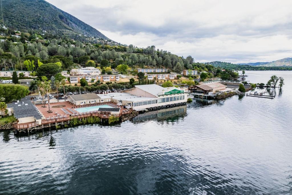 an aerial view of a small town on a lake at Konocti Harbor Resort in Kelseyville